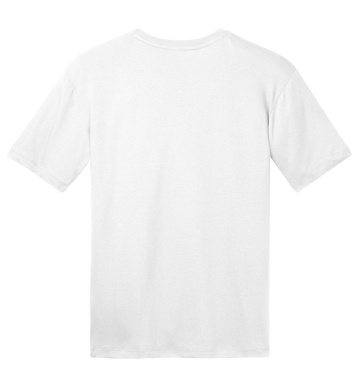 A plain white crew T-shirt with short sleeves and a label on the inside. No visible design or branding on the back.