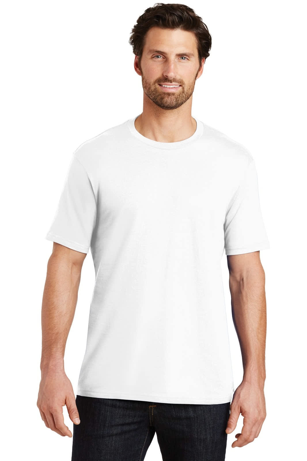 A man wearing a plain white crew neck t-shirt, standing against a neutral background. The shirt has a logo on it.
