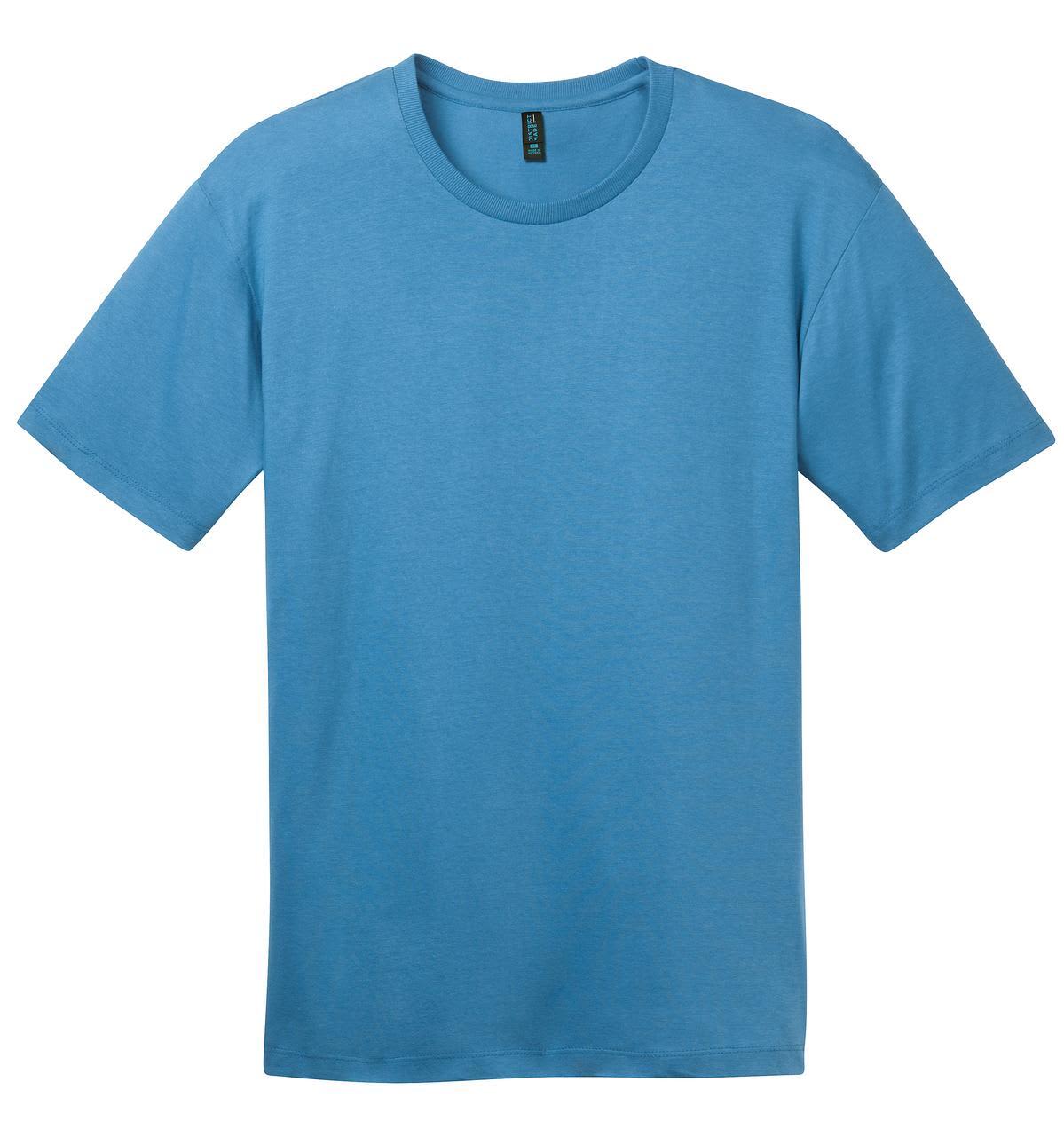 A blue crew neck T-shirt with short sleeves, featuring a brand logo on the label.
