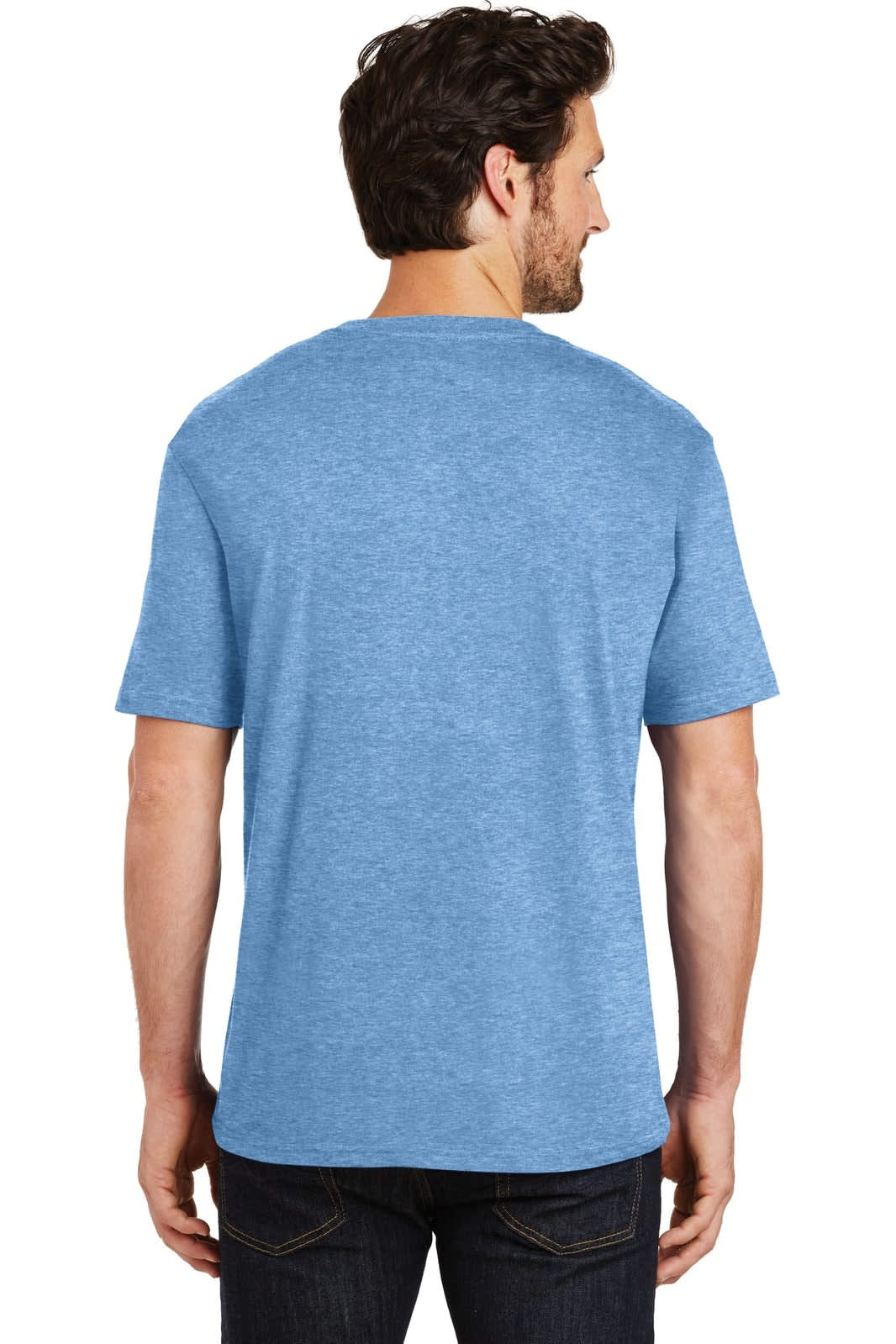 A man wearing a blue crew t-shirt, viewed from the back. The shirt features a logo.