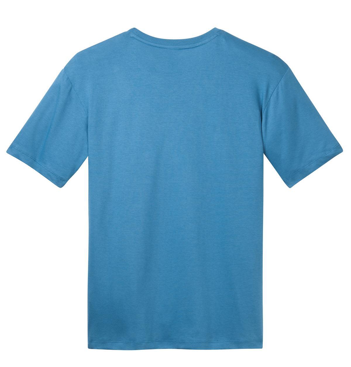 A blue crew t-shirt with short sleeves and a round neck, featuring a logo on the back.