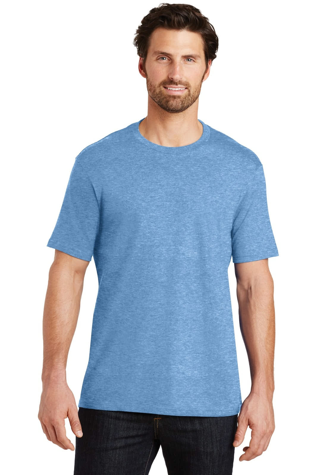 A man is wearing a blue crew neck t-shirt. The shirt features a logo on the chest.