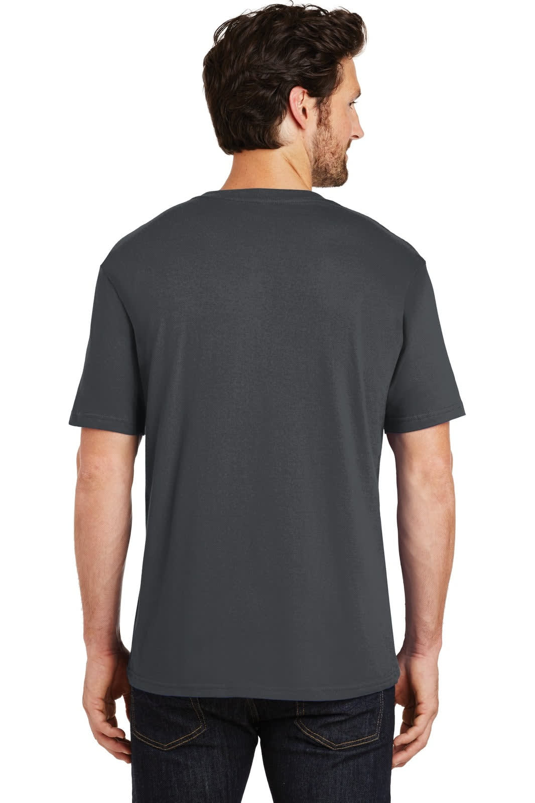 A man wearing a grey crew neck t-shirt, viewed from the back, featuring a logo on the shirt.