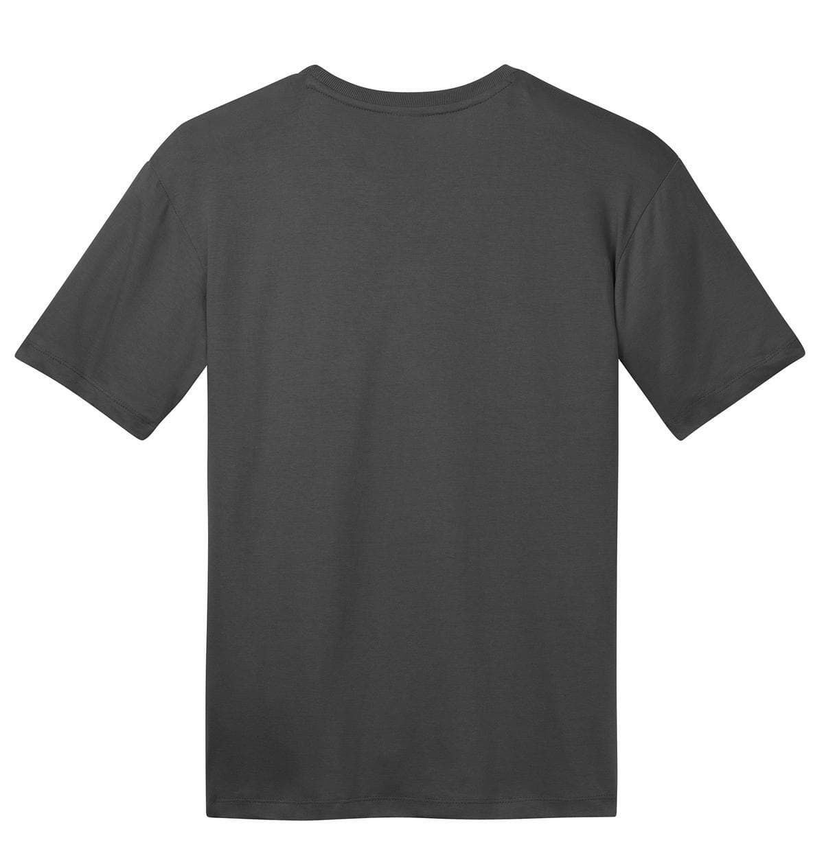 A dark grey crew t-shirt featuring short sleeves and a plain back design. It includes a logo.