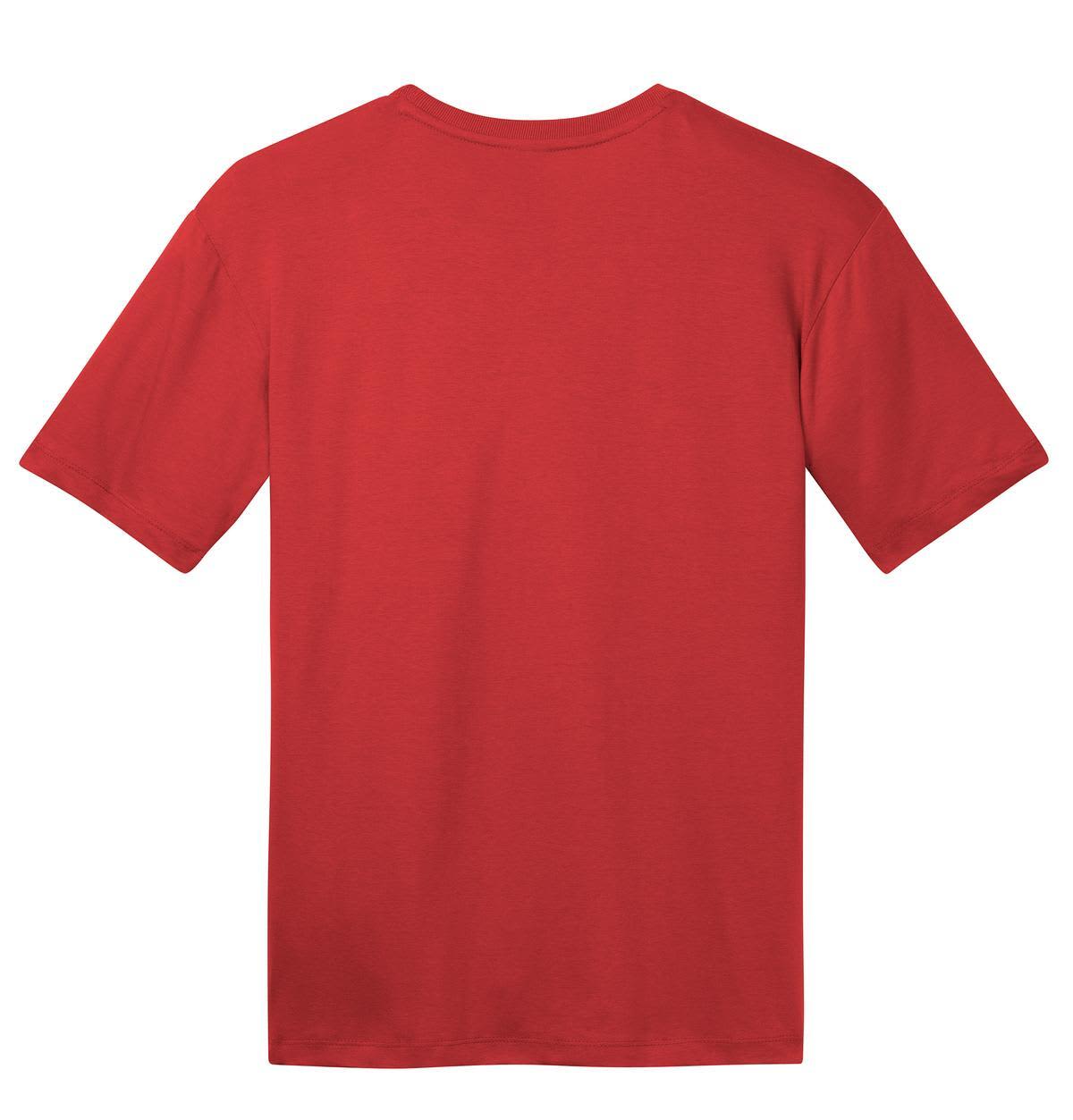 A red crew neck t-shirt with short sleeves and a plain back. It features a logo on the lower back.