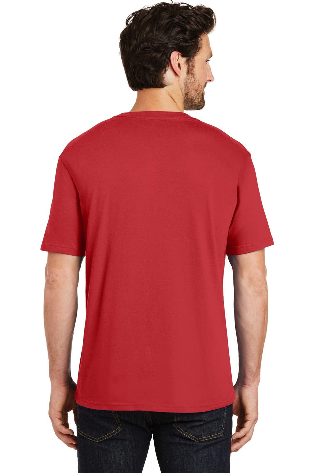 A red crew tee in a relaxed fit, featuring a plain back view. The shirt has a logo or branding present.
