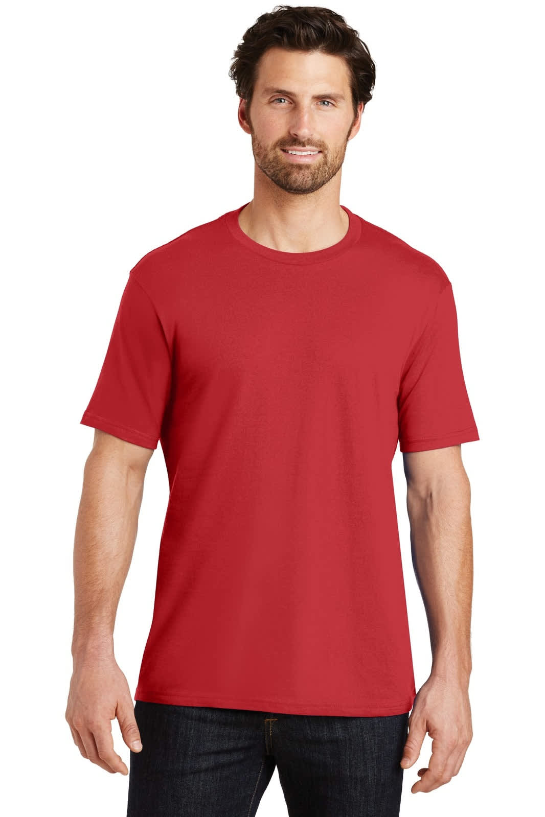 A red men's crew neck t-shirt featuring short sleeves and a simple design. The shirt has a logo present.