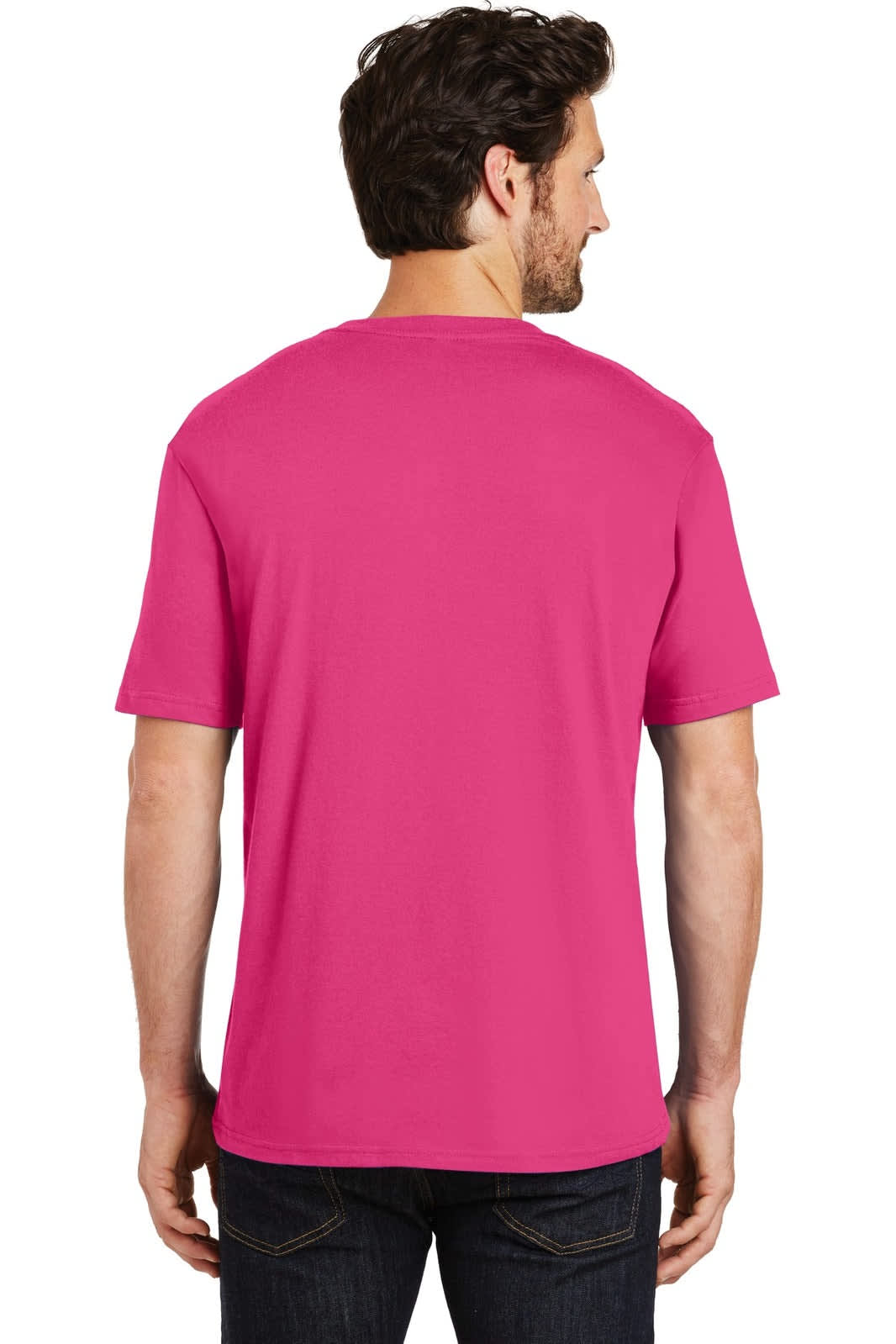 A man wearing a bright pink crew tee shirt, viewed from the back, showcasing a simple design.