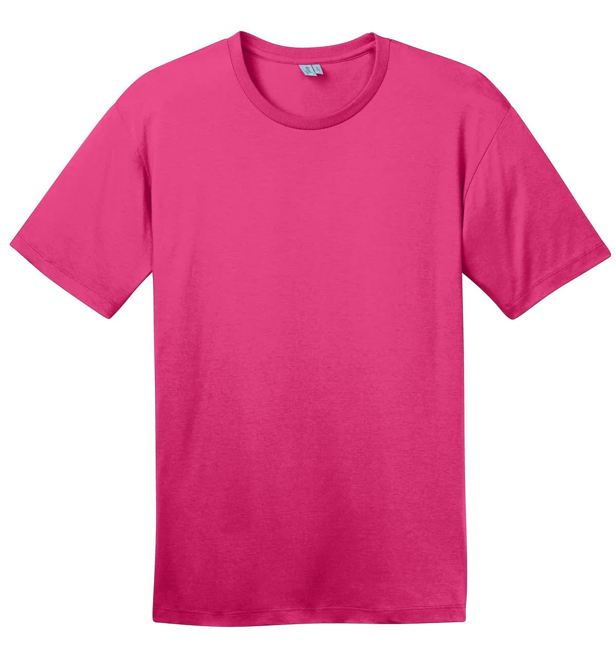 A pink crew neck t-shirt featuring short sleeves and a logo on the upper tag area.