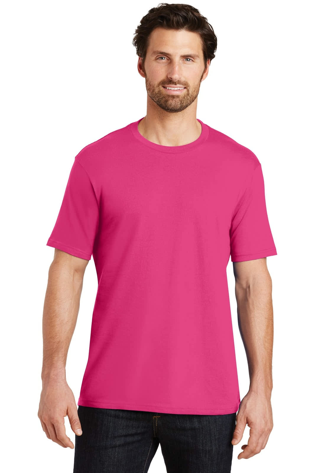A men’s crew tee in bright pink, featuring a classic fit and short sleeves. The shirt has a logo on it.
