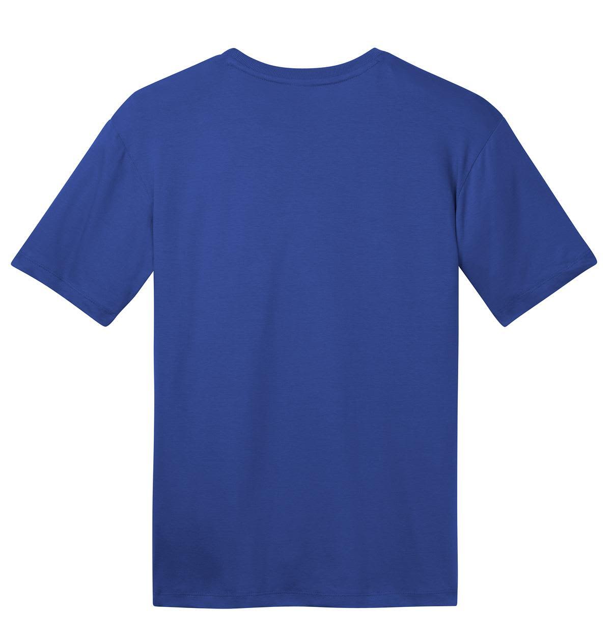 A blue crew t-shirt with short sleeves and a plain back, featuring a logo on the label.