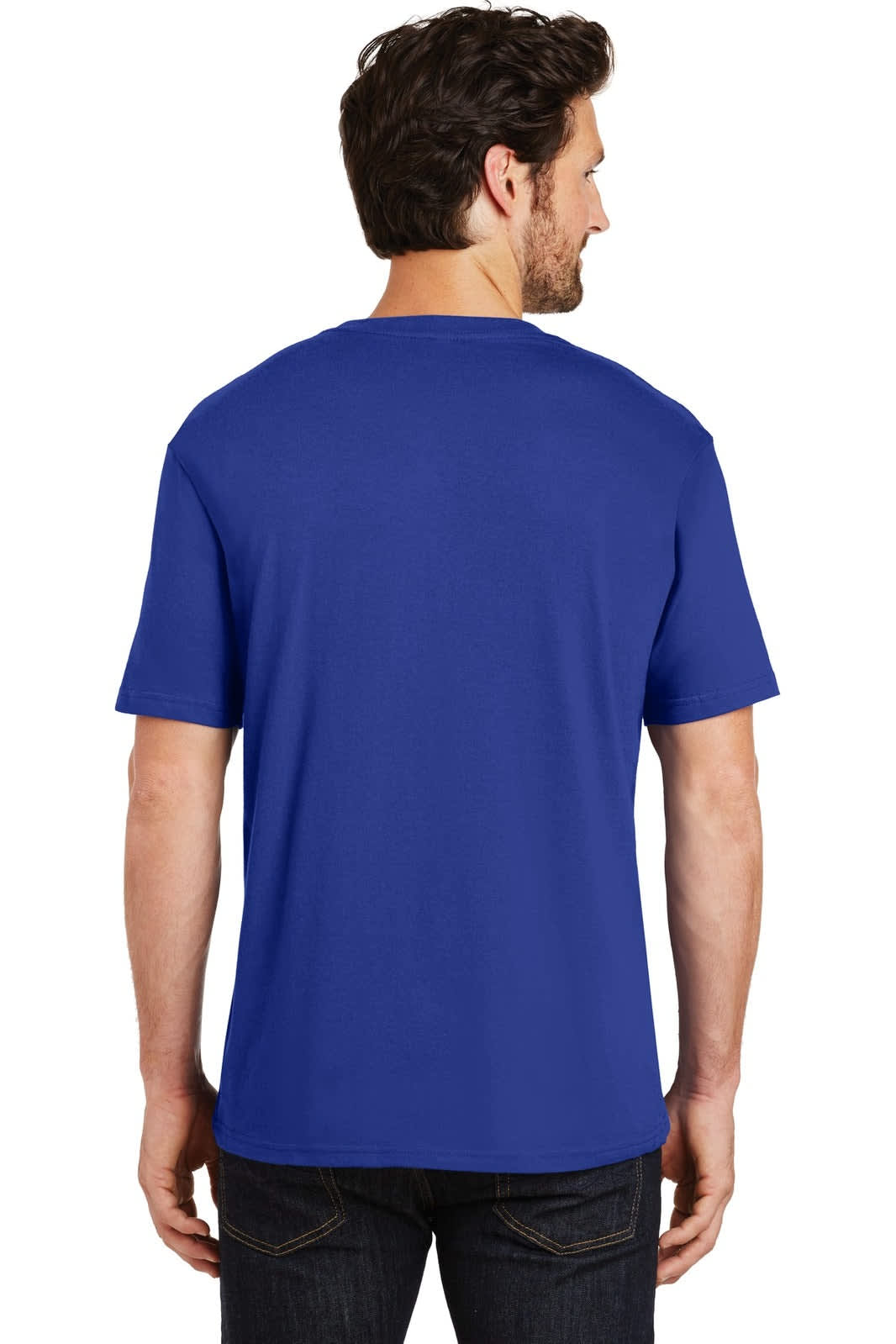 A man wearing a blue crew t-shirt, viewed from the back, featuring short sleeves and a plain design.