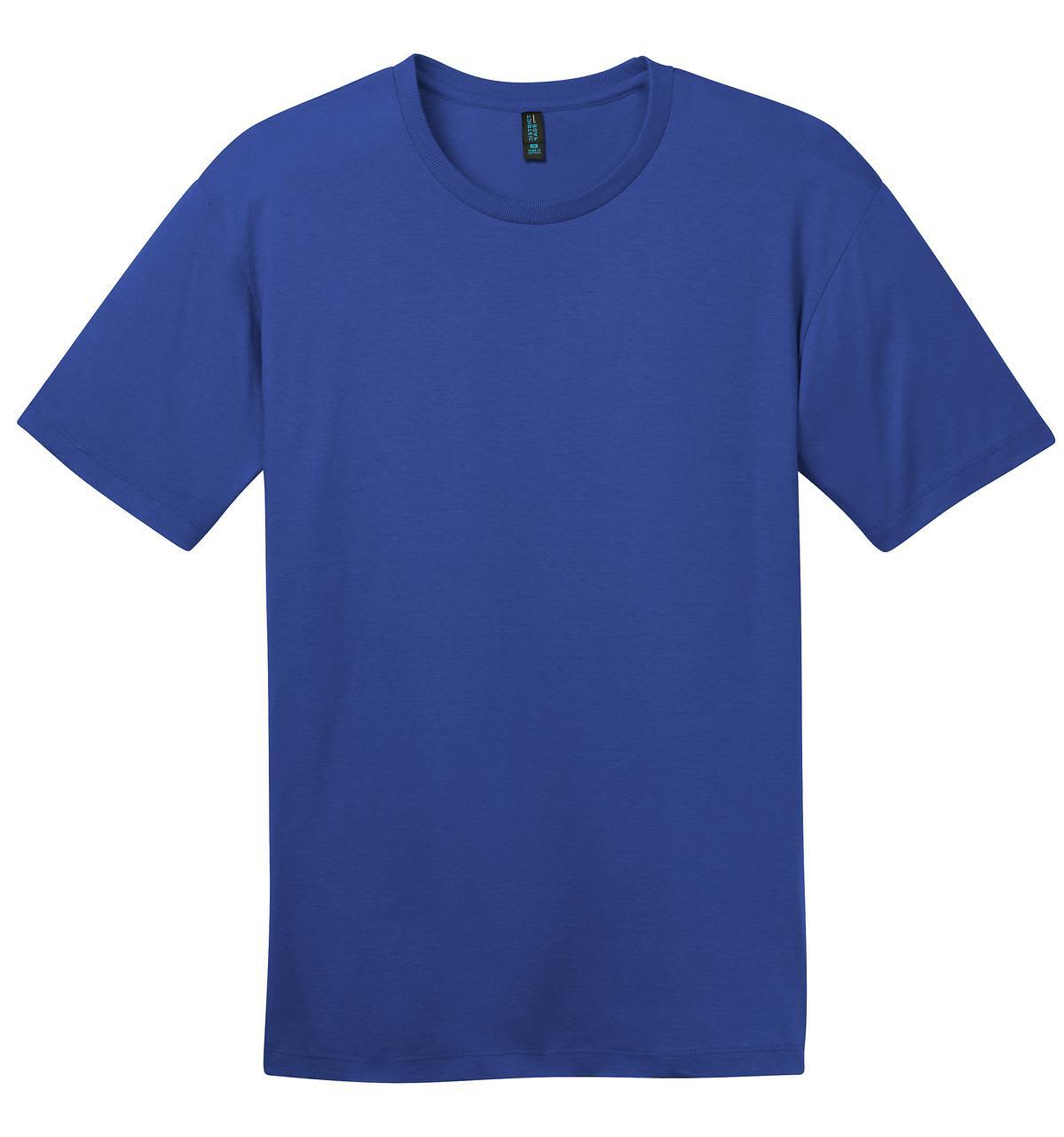 A blue crew-neck t-shirt with short sleeves and a tag label, featuring a logo.