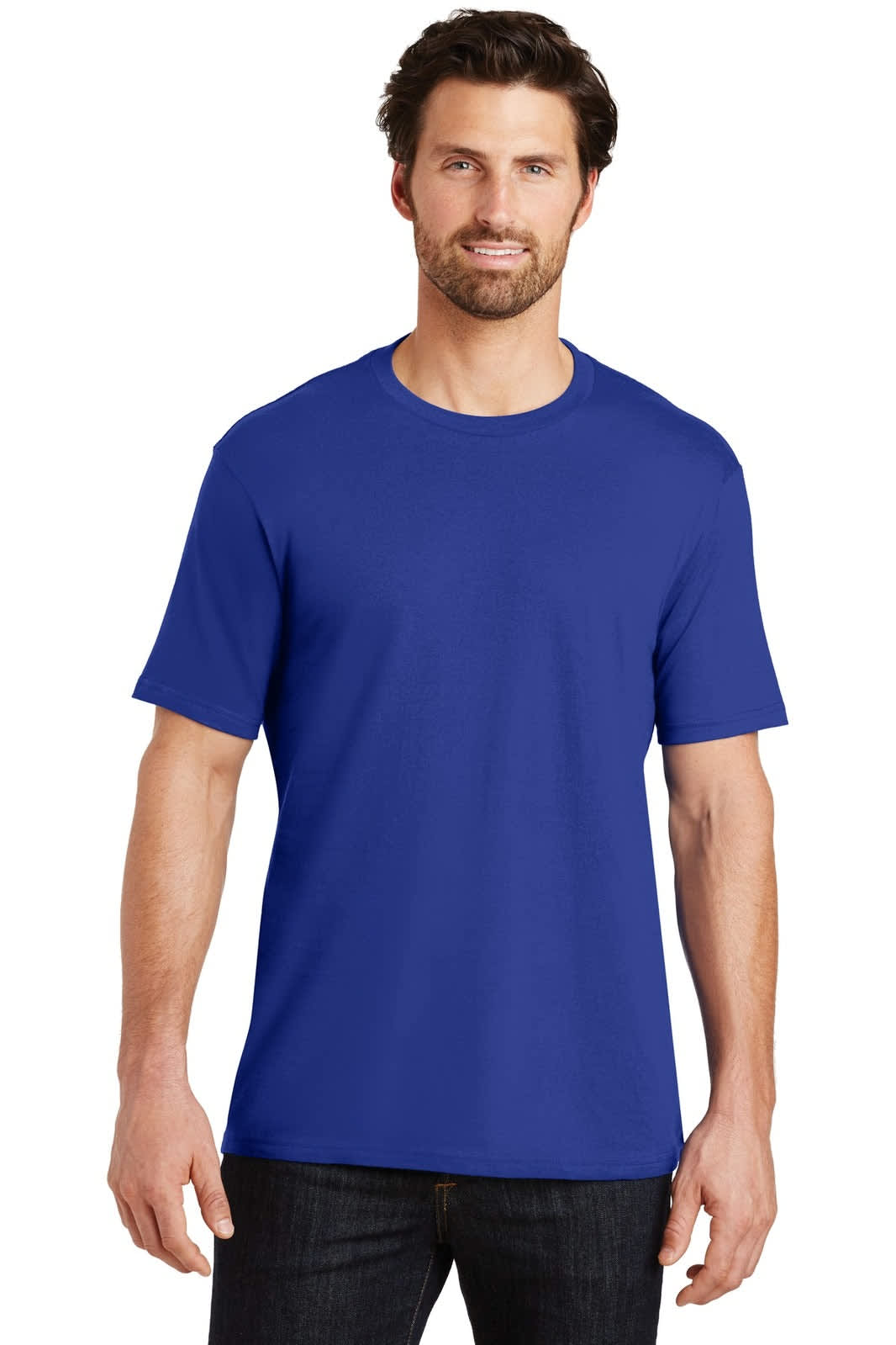 A blue crew neck t-shirt for men, featuring short sleeves and a simple design, with a logo on the chest.