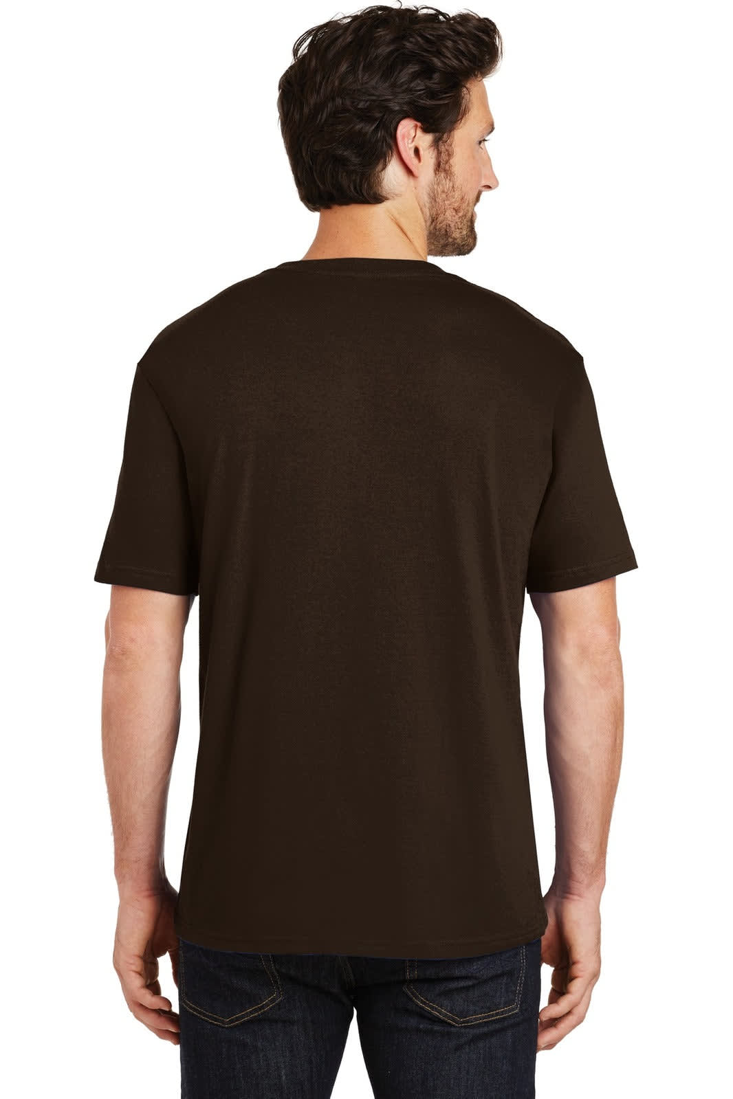 A man wearing a brown short-sleeved crew tee from the back, featuring a simple design and a logo.