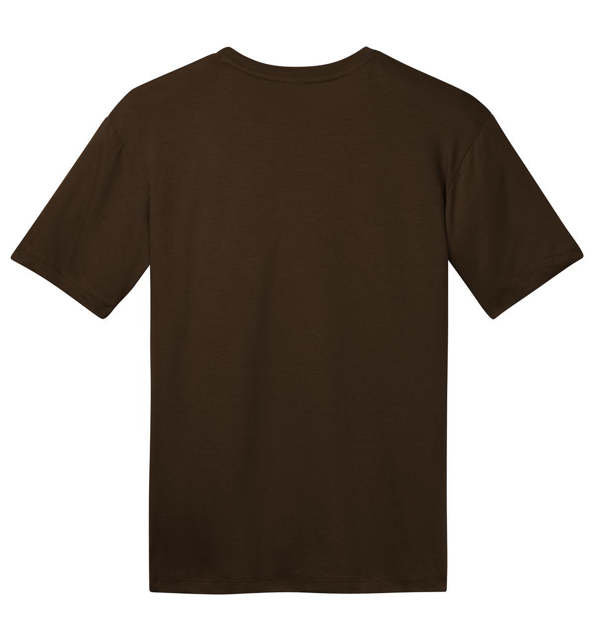 A brown crew neck t-shirt with short sleeves and a plain back. It features a logo.