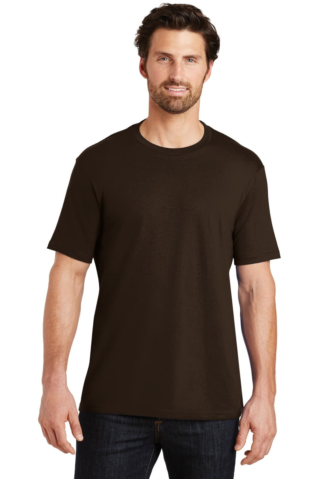 A men's crew tee in dark brown, featuring a smooth fabric and a logo on the side.