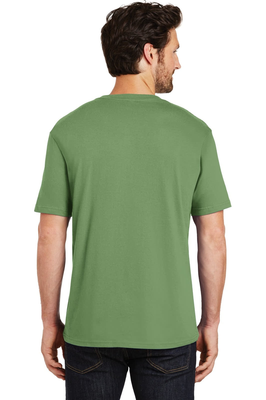 A green crew tee from District Made, featuring a simple design and a comfortable fit, with a logo on the back.