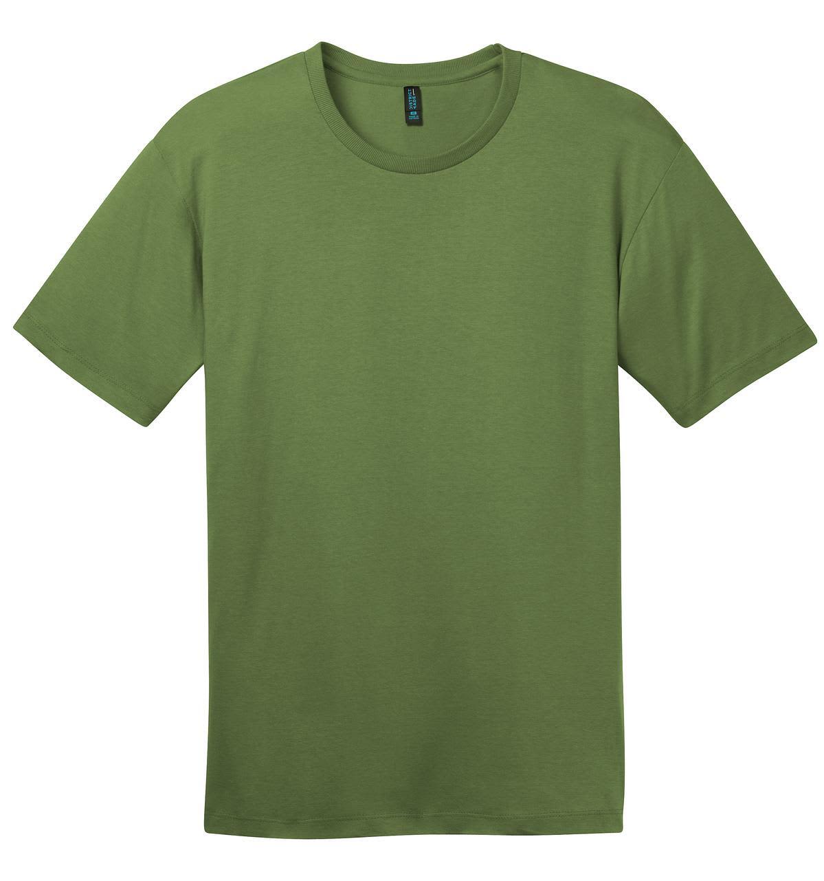 A green crew neck t-shirt made from comfortable fabric, featuring a simple design and a branding logo.