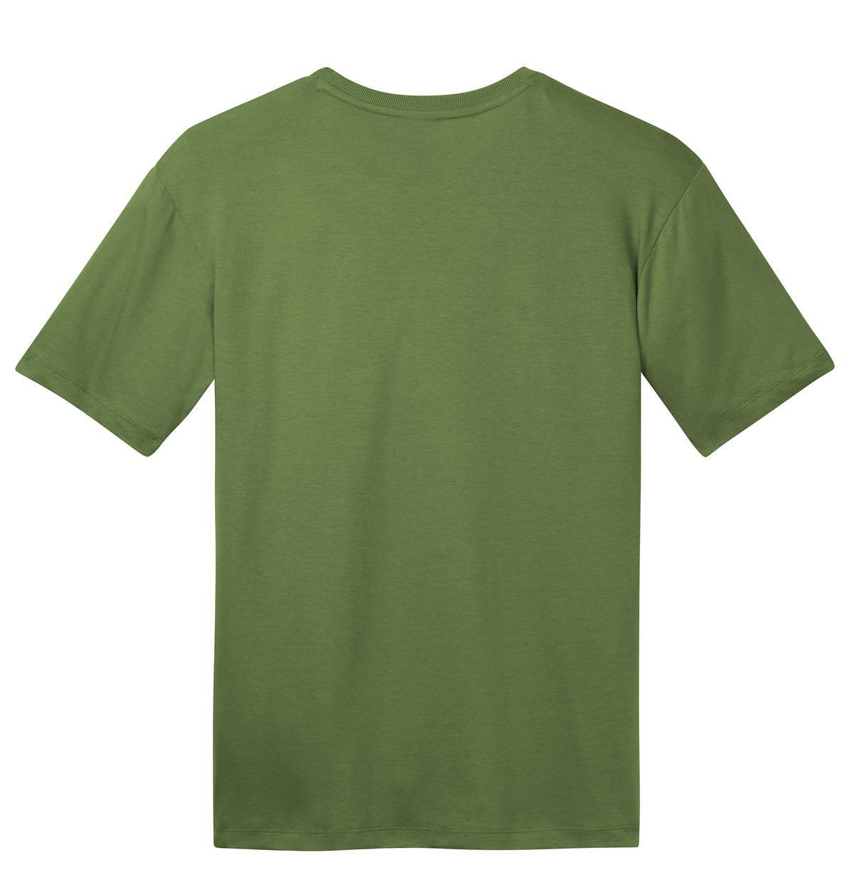 A plain olive green crew tee with short sleeves and a standard fit, featuring a logo on the back.