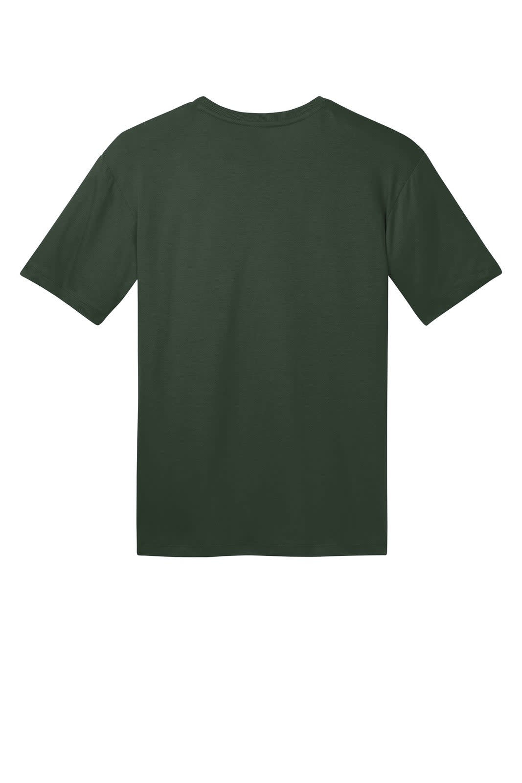 A dark green crew tee with short sleeves and a plain back. Features a logo on the neck.