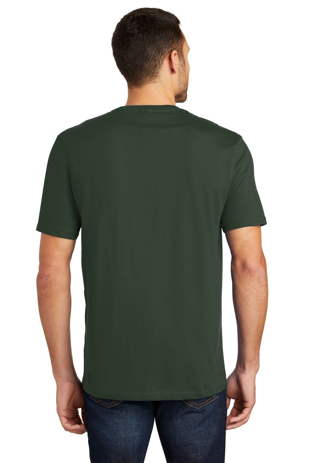 A green men's crew T-shirt featuring a logo, displayed from the back with short sleeves.