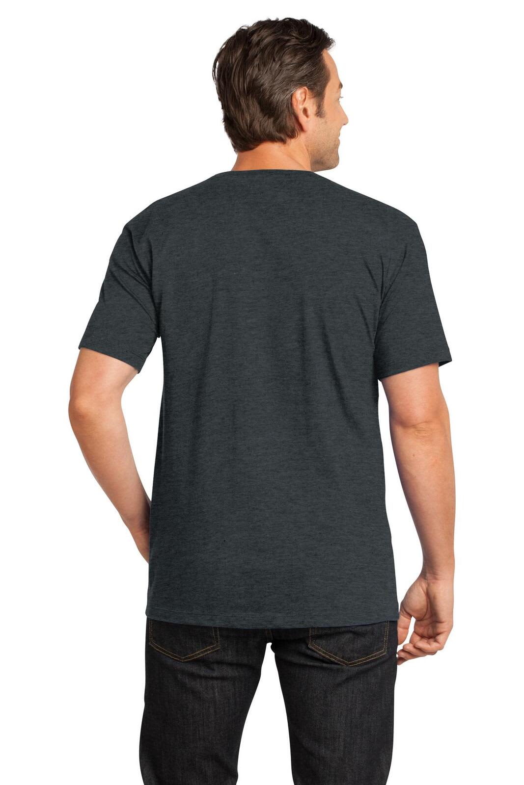 A man wearing a dark grey crew-neck T-shirt, viewed from the back, with short sleeves and a casual fit.