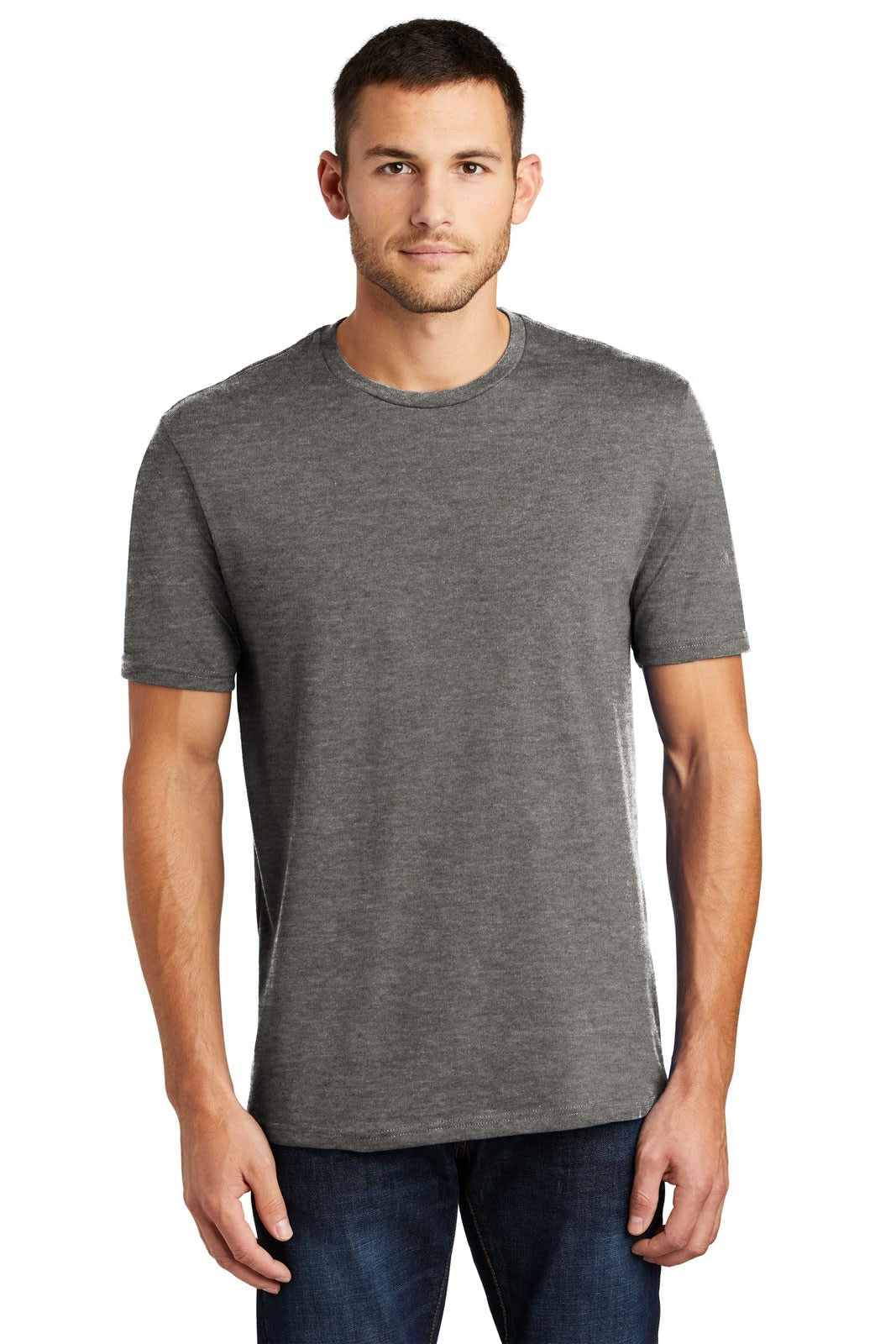 A grey crew neck t-shirt for men, made from lightweight fabric, featuring short sleeves and a logo.