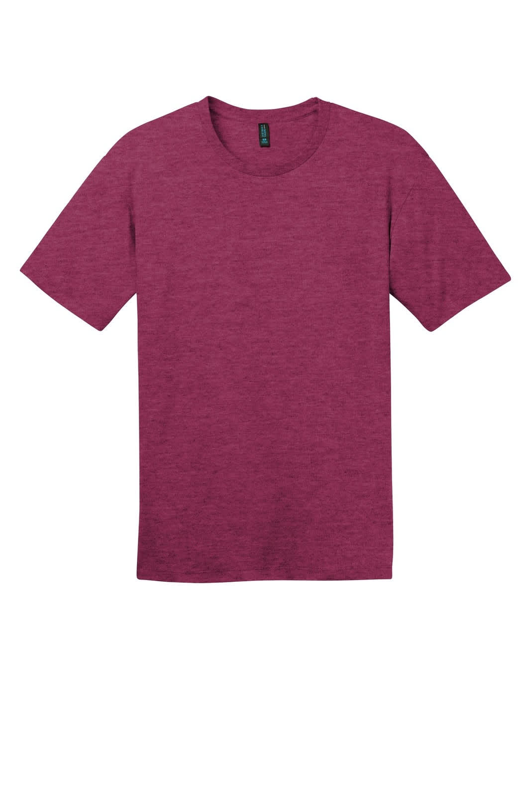 A maroon crew neck t-shirt with short sleeves, featuring a branding logo.