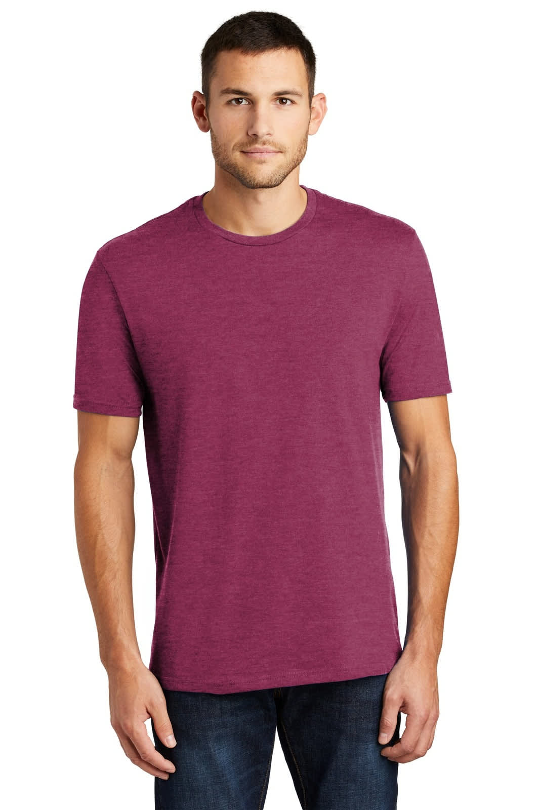 A man wearing a maroon short-sleeve crew neck t-shirt with a logo on the front, paired with denim jeans.