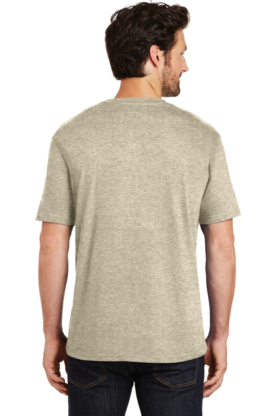 A man wearing a beige crew tee from the back, featuring a simple design and a logo on the neck area.