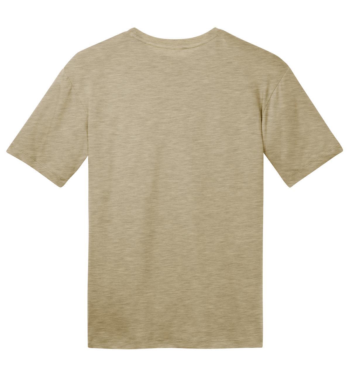 A beige crew neck t-shirt with short sleeves, featuring a simple design and a branding logo.