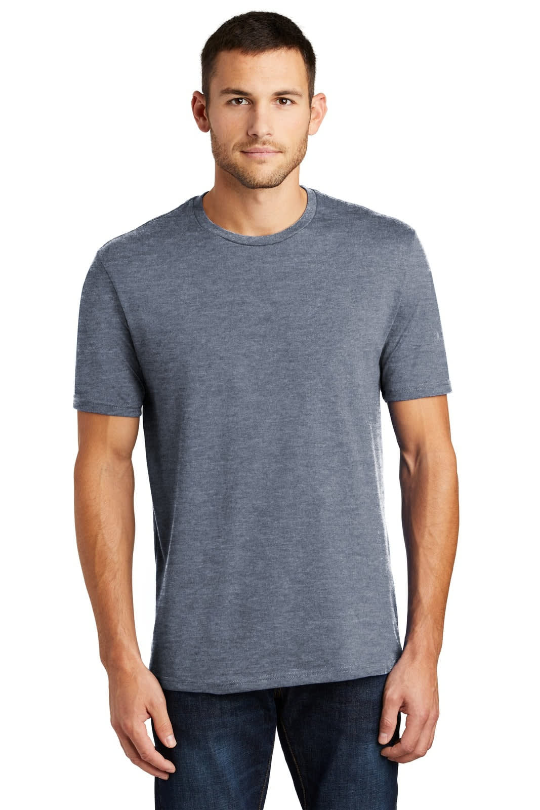 A grey mens crew t-shirt with short sleeves, featuring a simple design and a logo.
