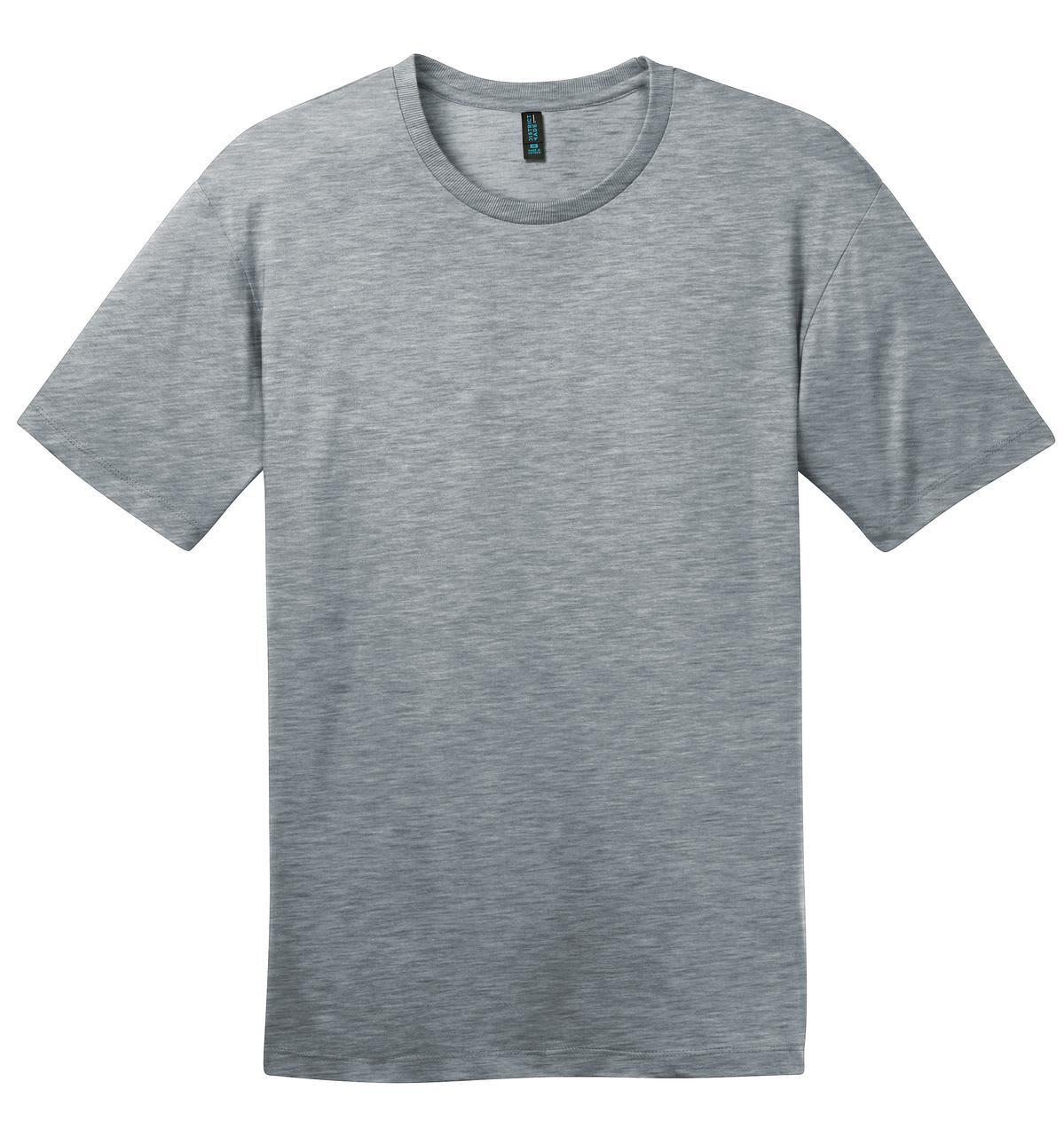 A grey crew neck t-shirt with short sleeves and a logo on the label. 