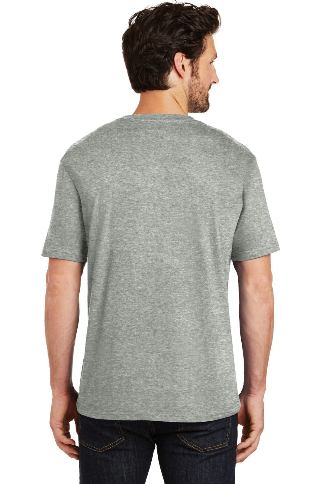 A grey crew tee with short sleeves, featuring a logo on the back. The model is facing away from the camera.
