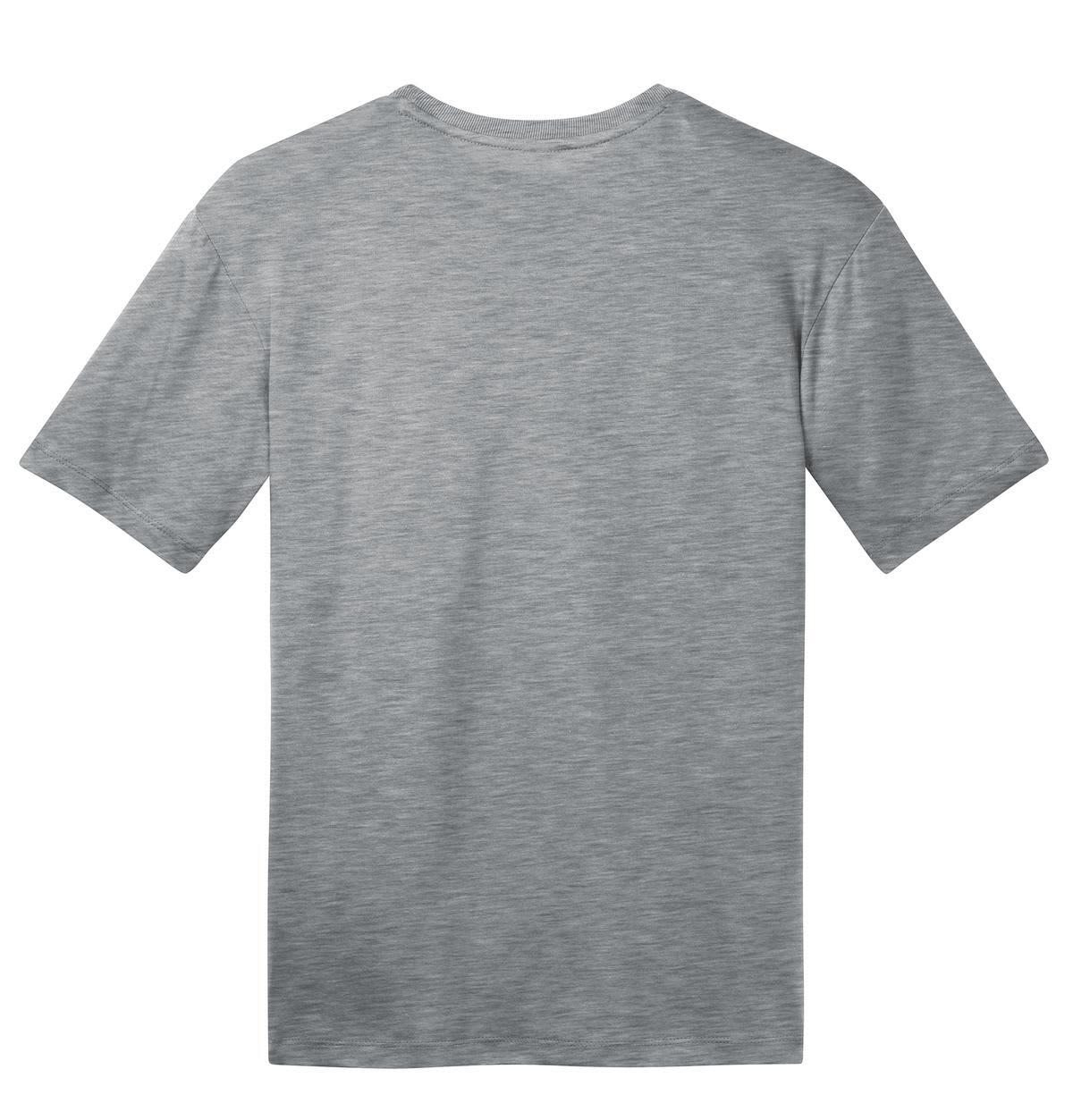 A grey, short-sleeved crew tee with a plain back. Features a logo on the fabric.