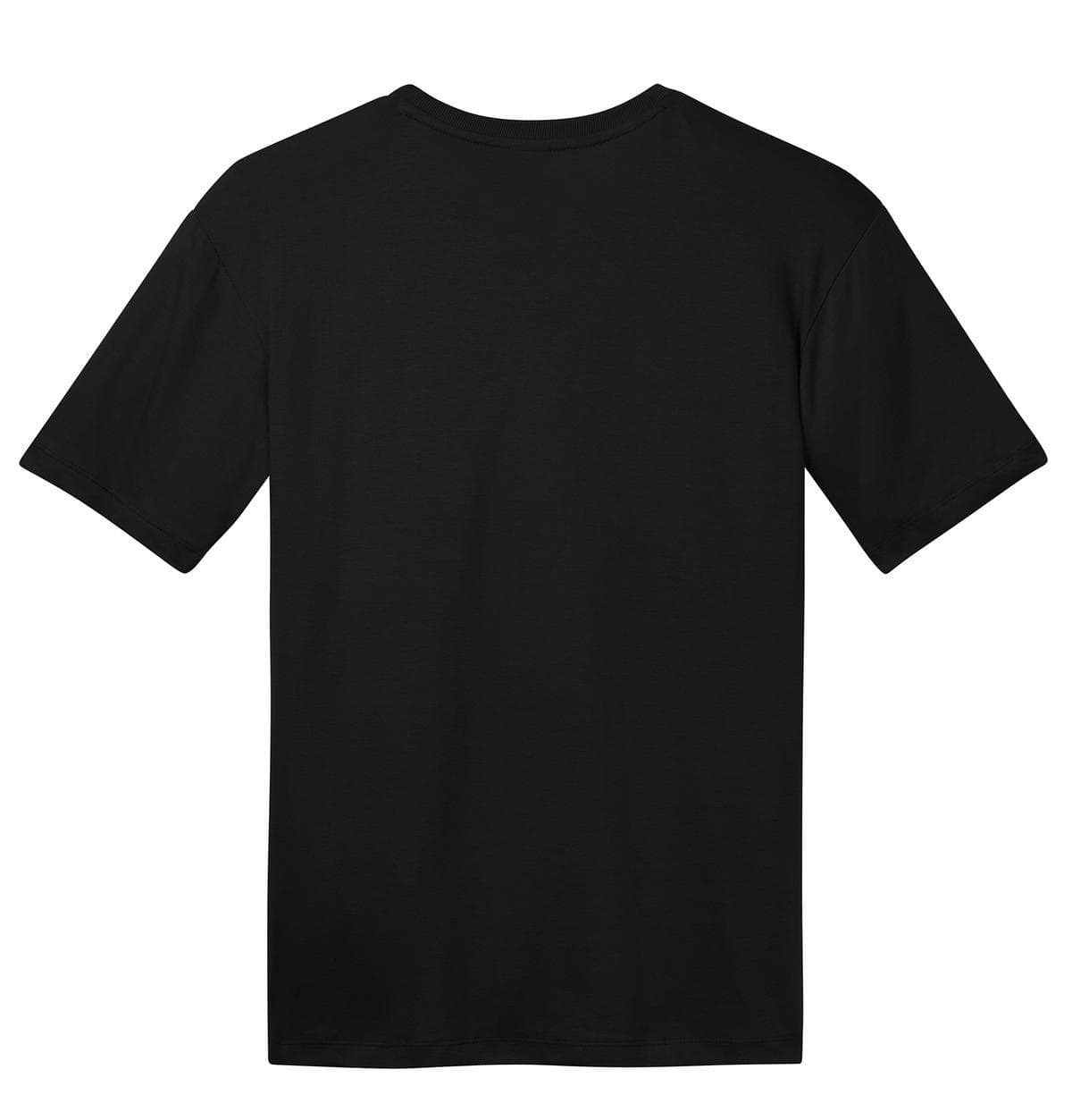 A plain black crew t-shirt, featuring short sleeves and a branding logo on the back.