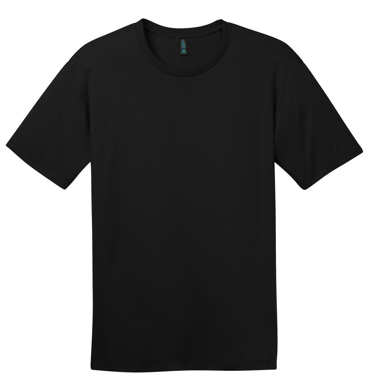 A black crew neck t-shirt featuring short sleeves and a brand logo on the label.