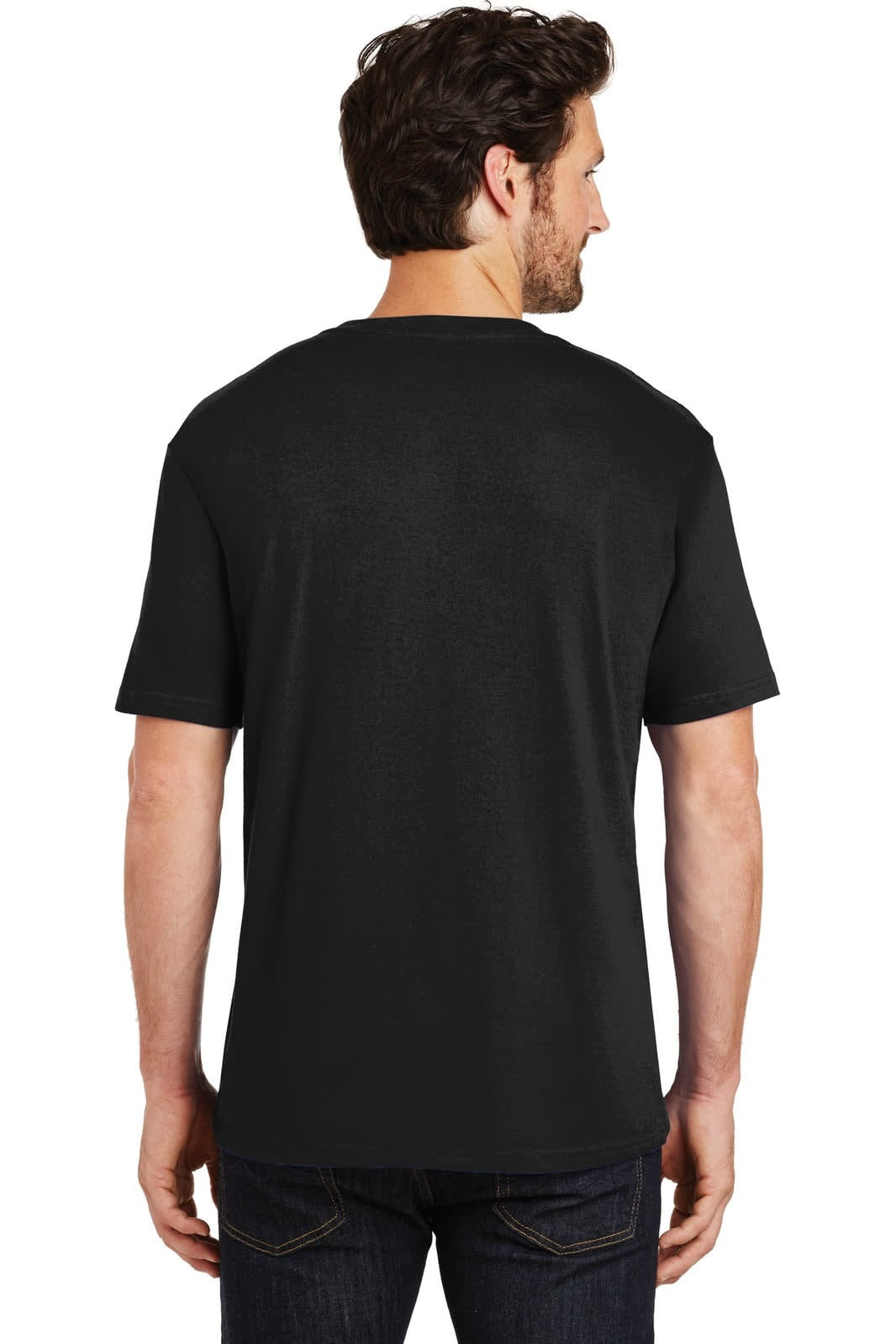 A black crew neck t-shirt, featuring short sleeves and a simple design, displayed from the back view.