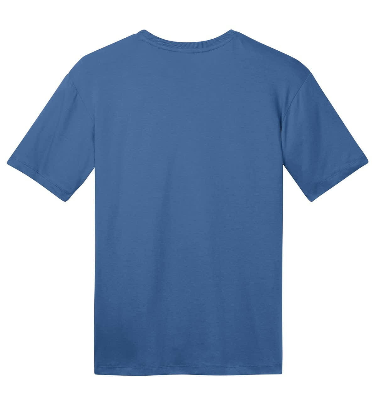 A blue crew-neck t-shirt with short sleeves, featuring a plain back and a branding logo.