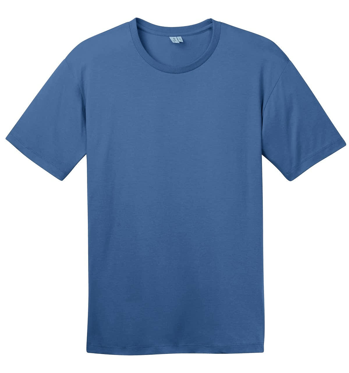 A blue crew neck t-shirt made from lightweight fabric, featuring a logo on the label.