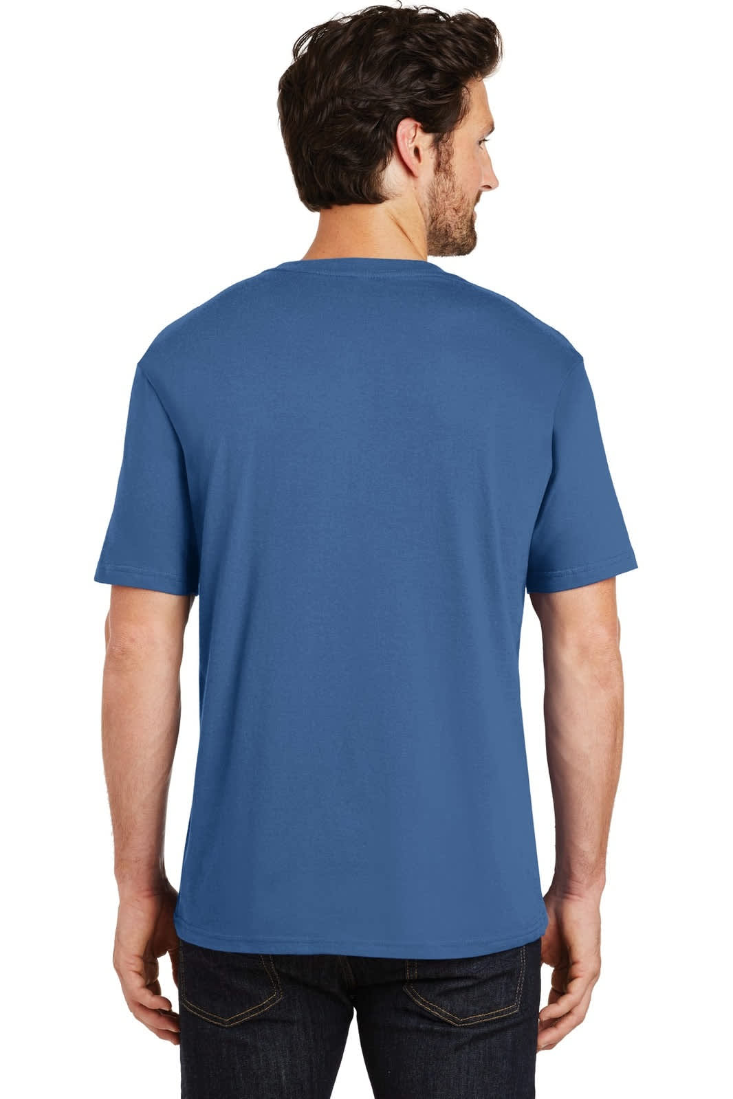 A blue crew neck T-shirt seen from the back, featuring short sleeves and a plain design.