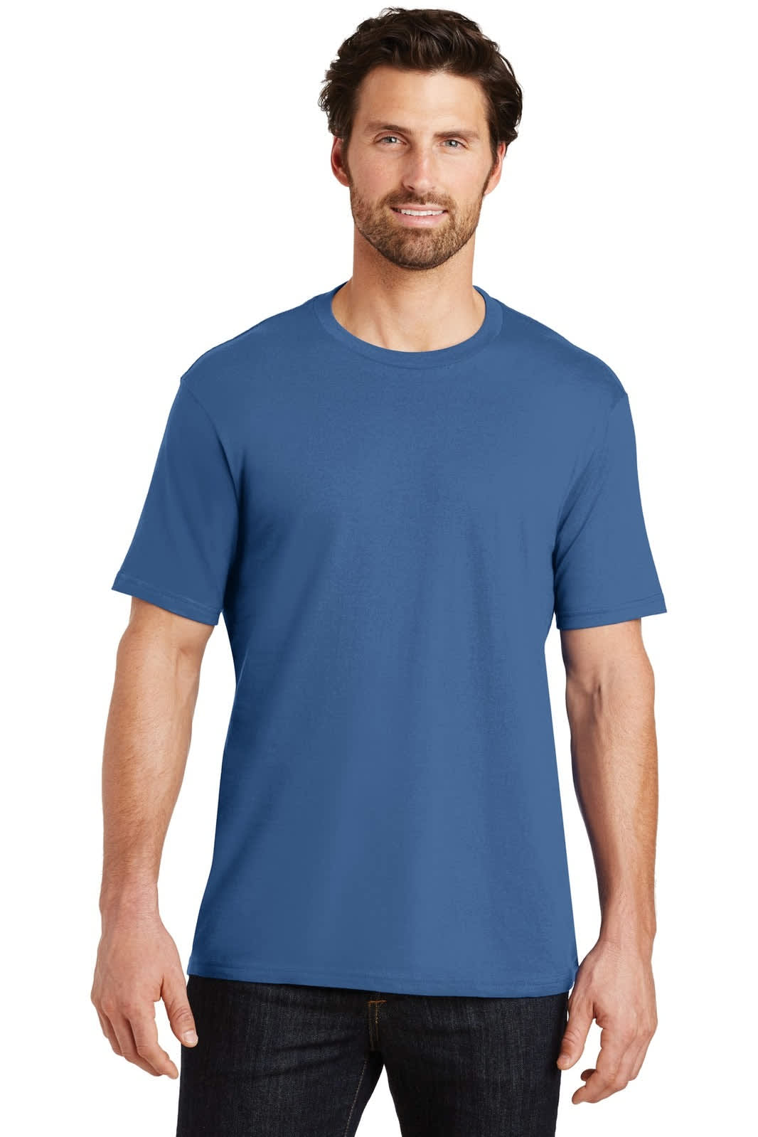 A blue crew tee shirt for men with short sleeves and a relaxed fit. The shirt features a logo.