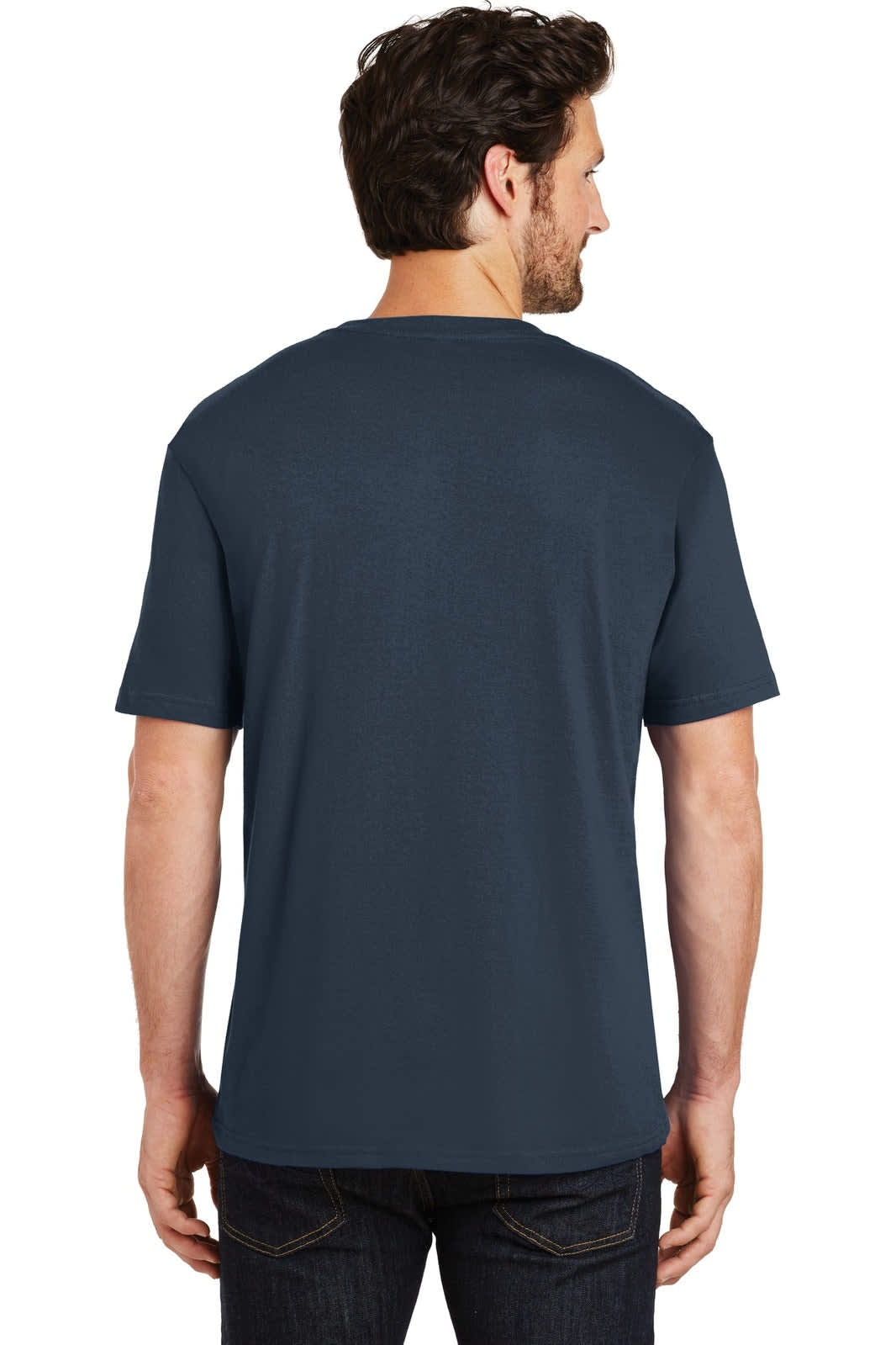 A navy blue men's crew tee displayed from the back, featuring short sleeves and a simple design.