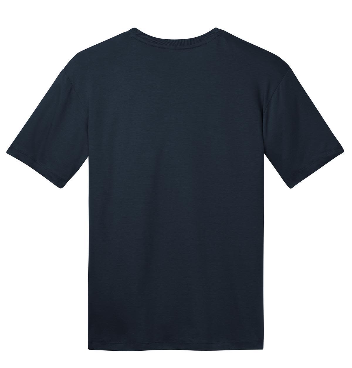 A navy blue crew tee featuring short sleeves and a plain back. It has a logo on the label.