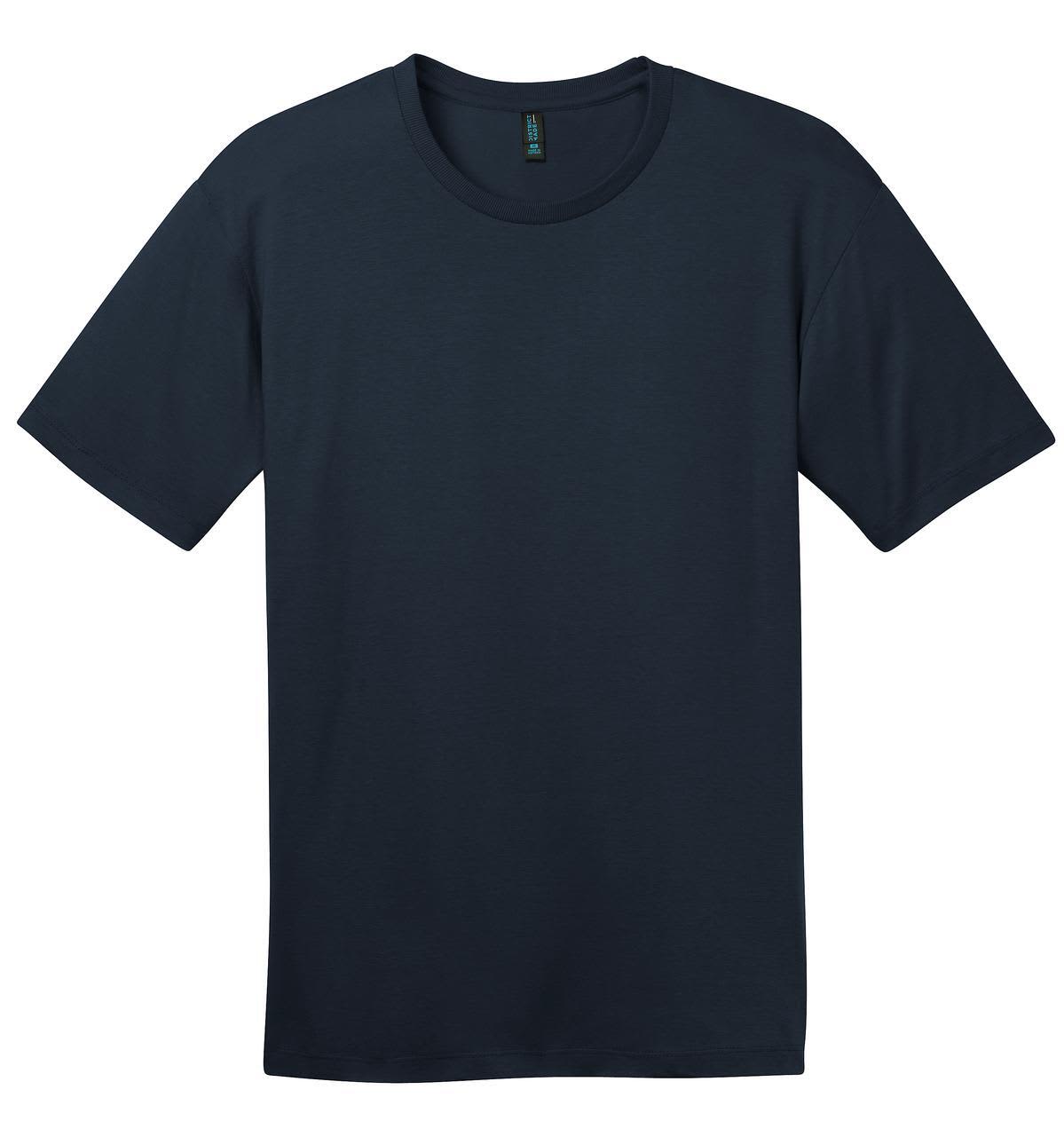 A navy blue t-shirt with short sleeves, made from lightweight material. It features a branding logo.