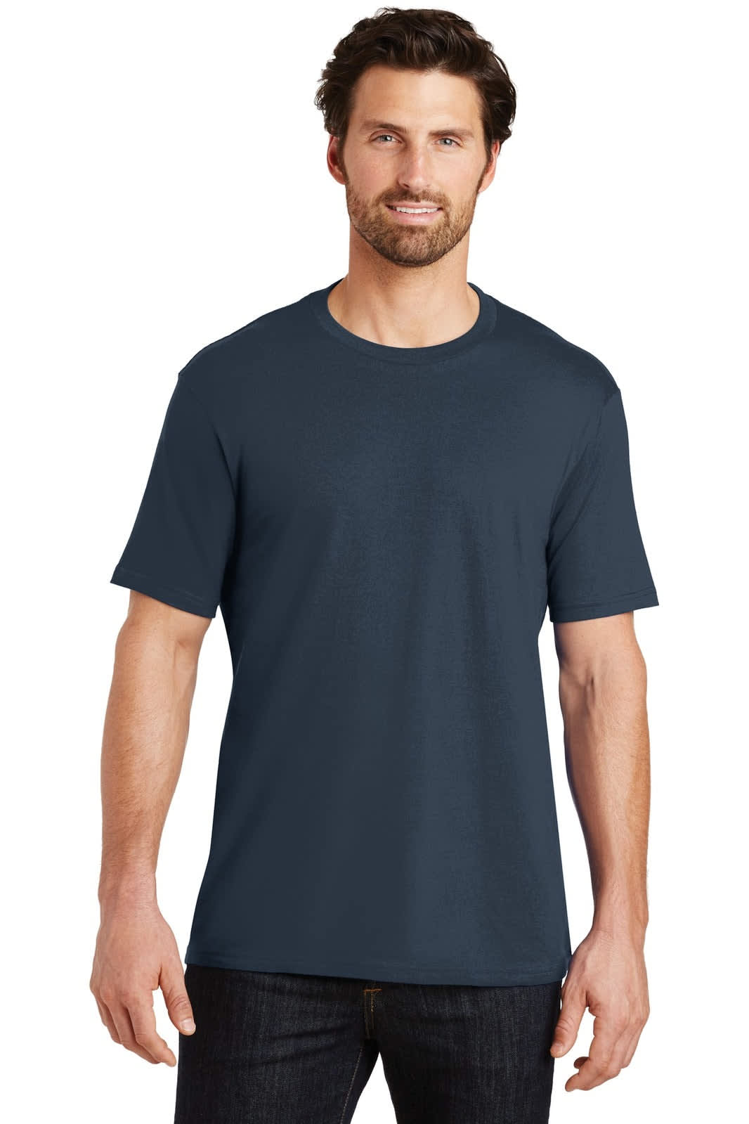 A navy blue men's crew t-shirt displayed on a model, featuring a simple design and a logo.