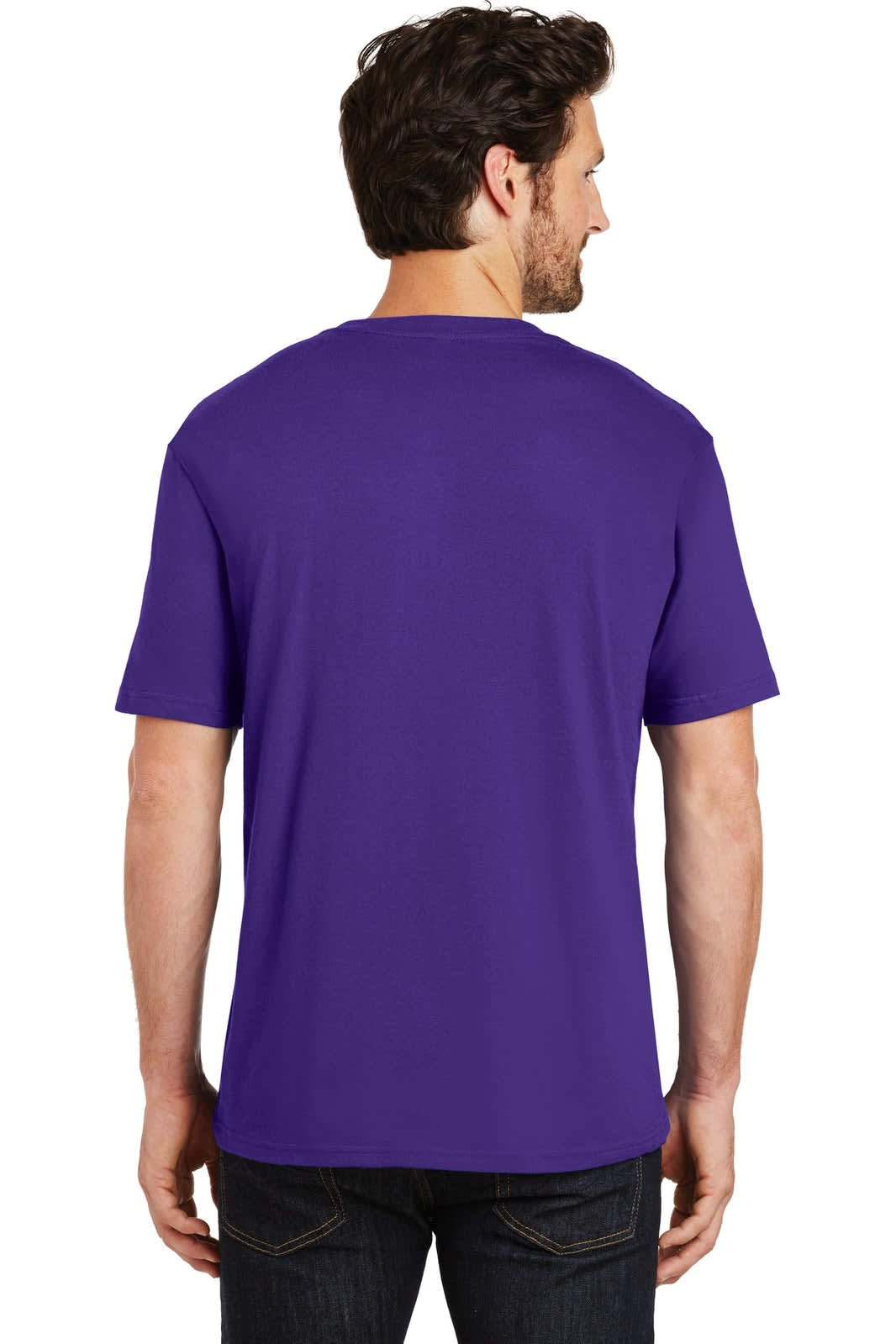 A man wearing a plain purple crew neck t-shirt, viewed from the back, with short sleeves. The shirt has a logo.