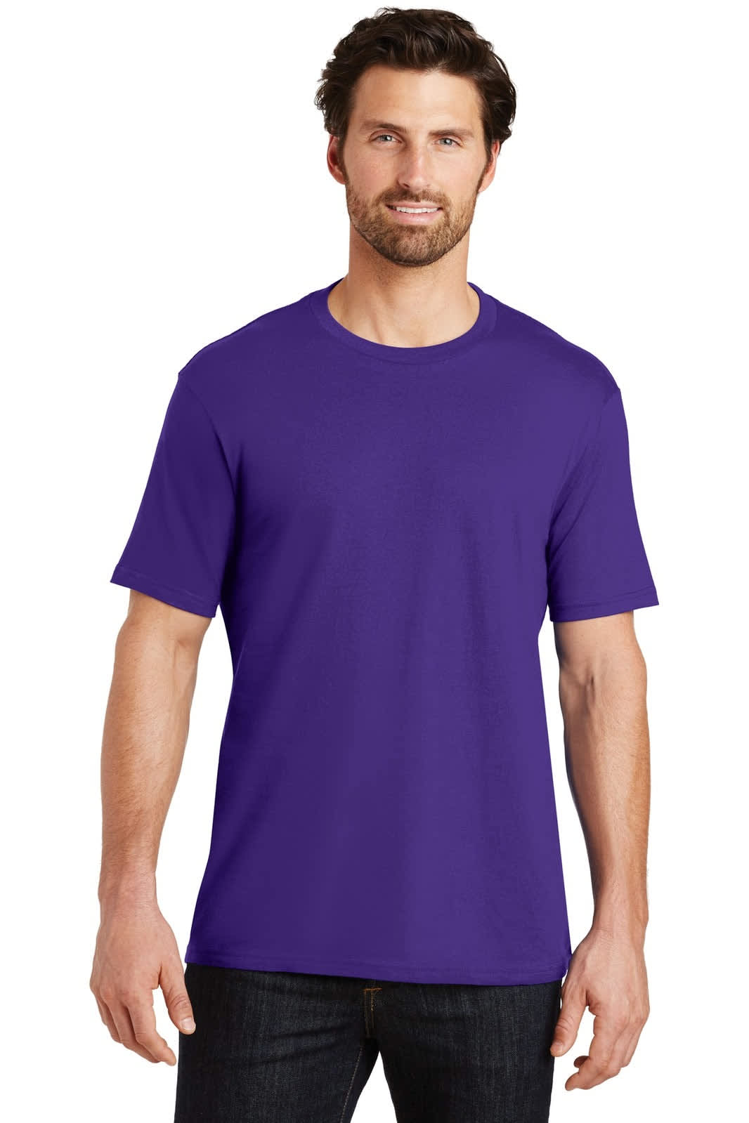 A purple men's crew t-shirt featuring short sleeves and a simple design, displayed on a model.