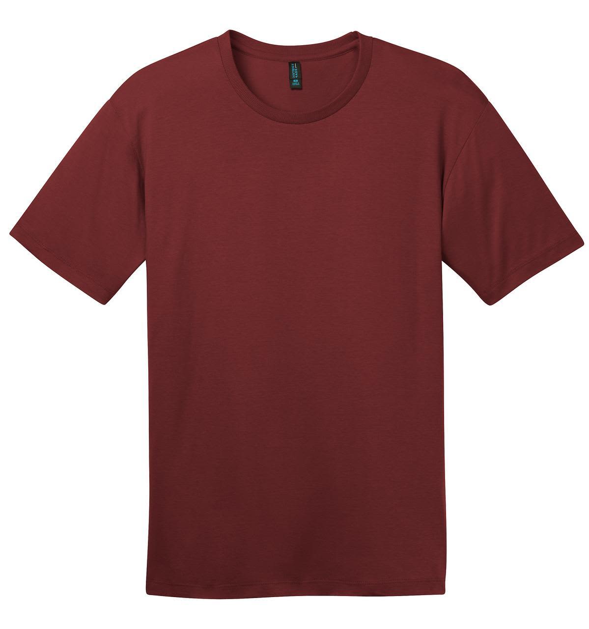A maroon crew neck t-shirt with short sleeves, featuring a logo on the tag.
